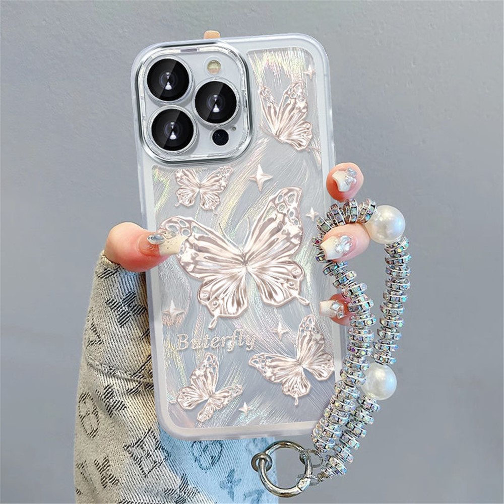For iPhone 13 Pro Max 6.7 inch Case Butterfly Pattern TPU Back Phone Cover with Feather Gauze Glitter Paper