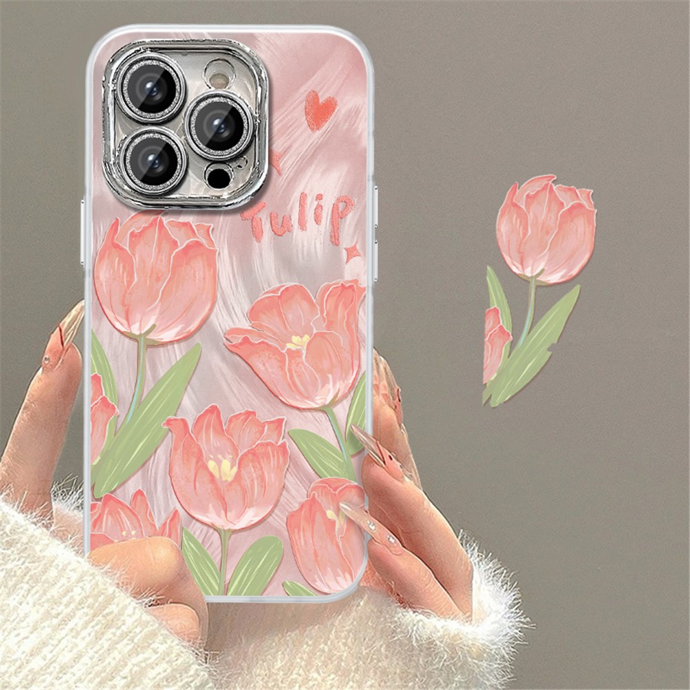 For iPhone 13 Pro Case Soft TPU Phone Protective Cover Tulip Flower Pattern Printed - Pink