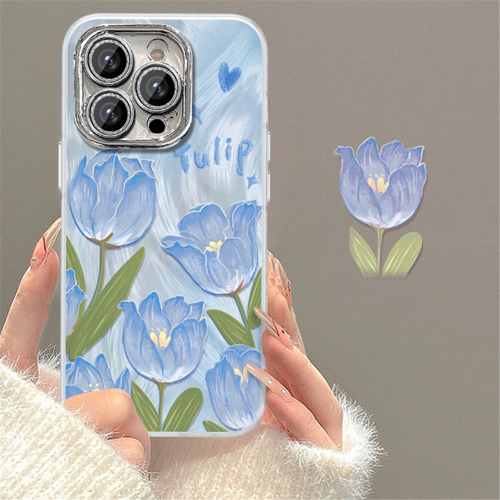 For iPhone 13 Pro Case Soft TPU Phone Protective Cover Tulip Flower Pattern Printed - Blue