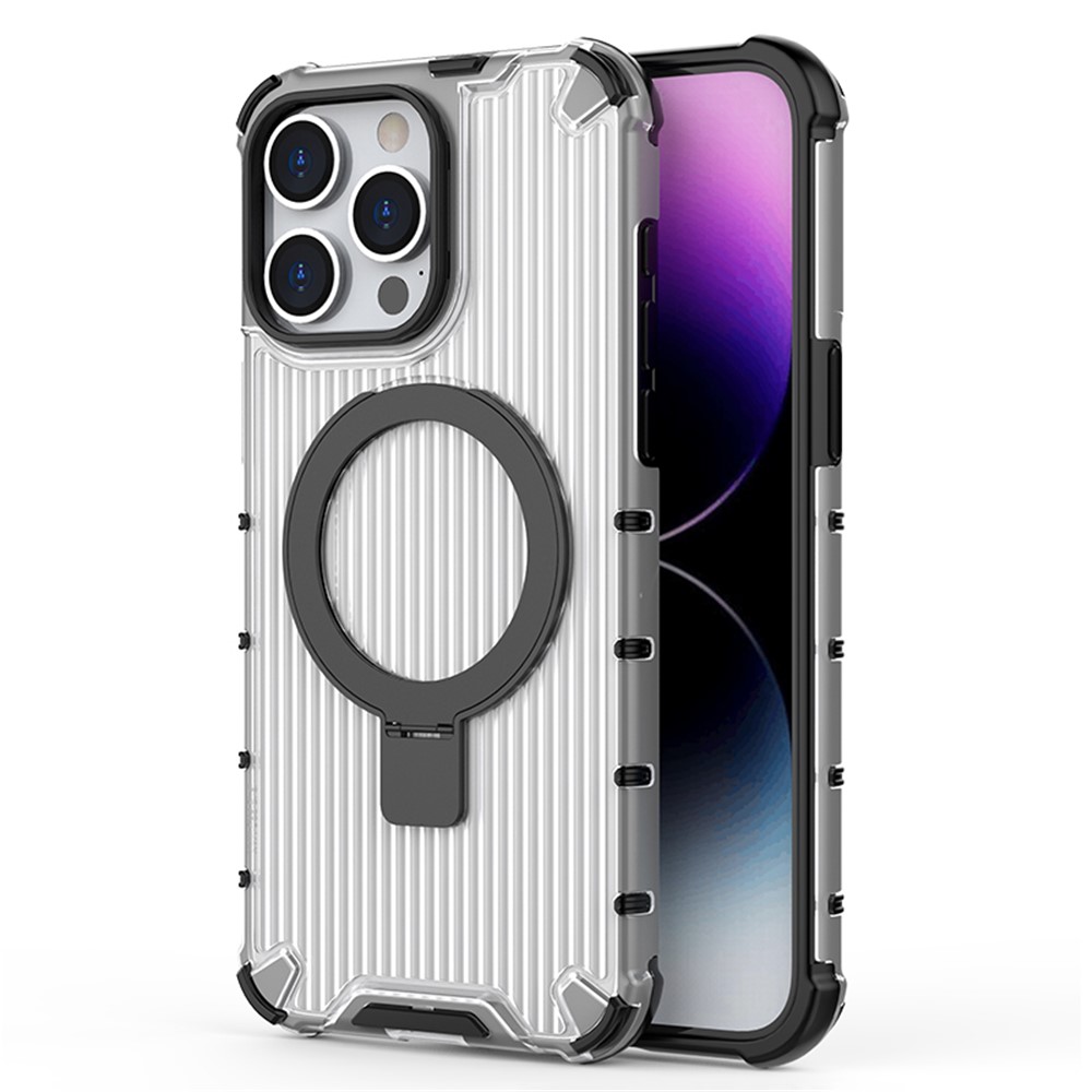 For iPhone 13 Pro Max 6.7 inch Case Stripe Design PC+TPU Kickstand Magnetic Drop-proof Phone Cover - Transparent