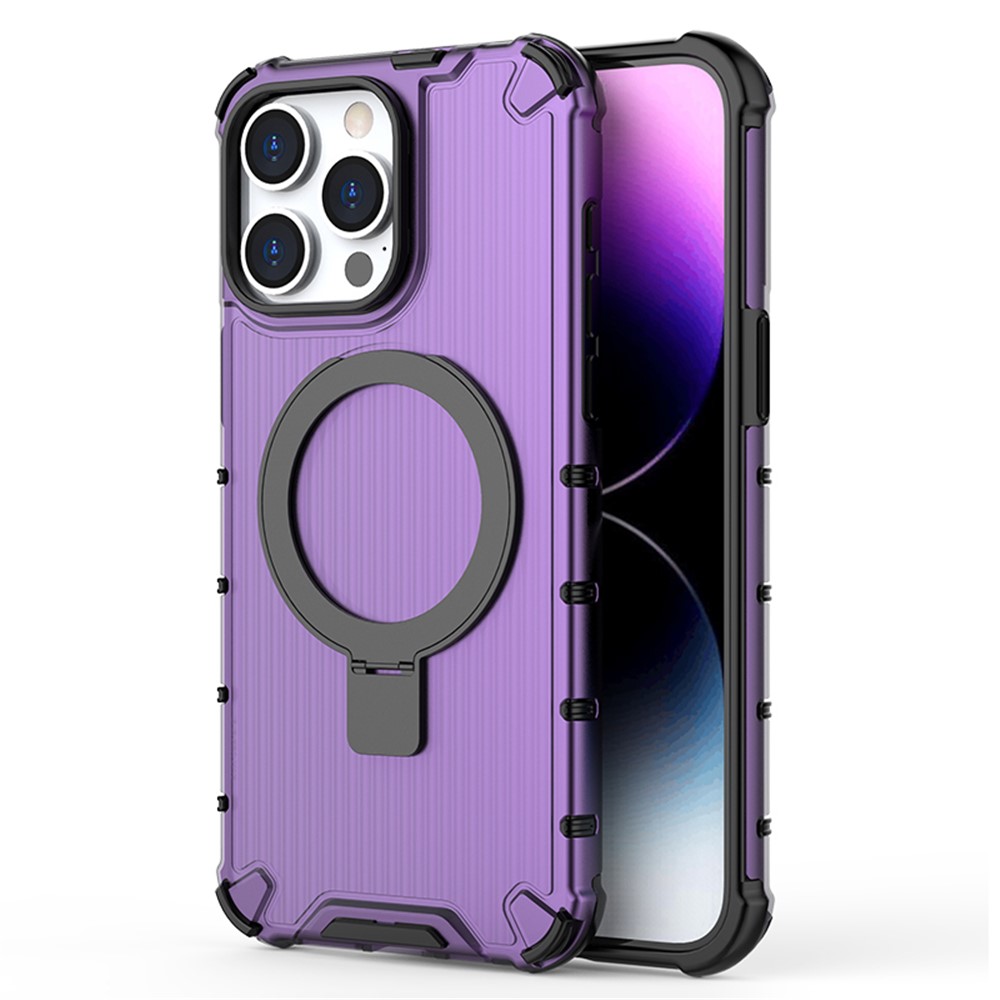 For iPhone 12 / 12 Pro PC+TPU Magnetic Case Stripe Design Phone Cover with Kickstand - Purple