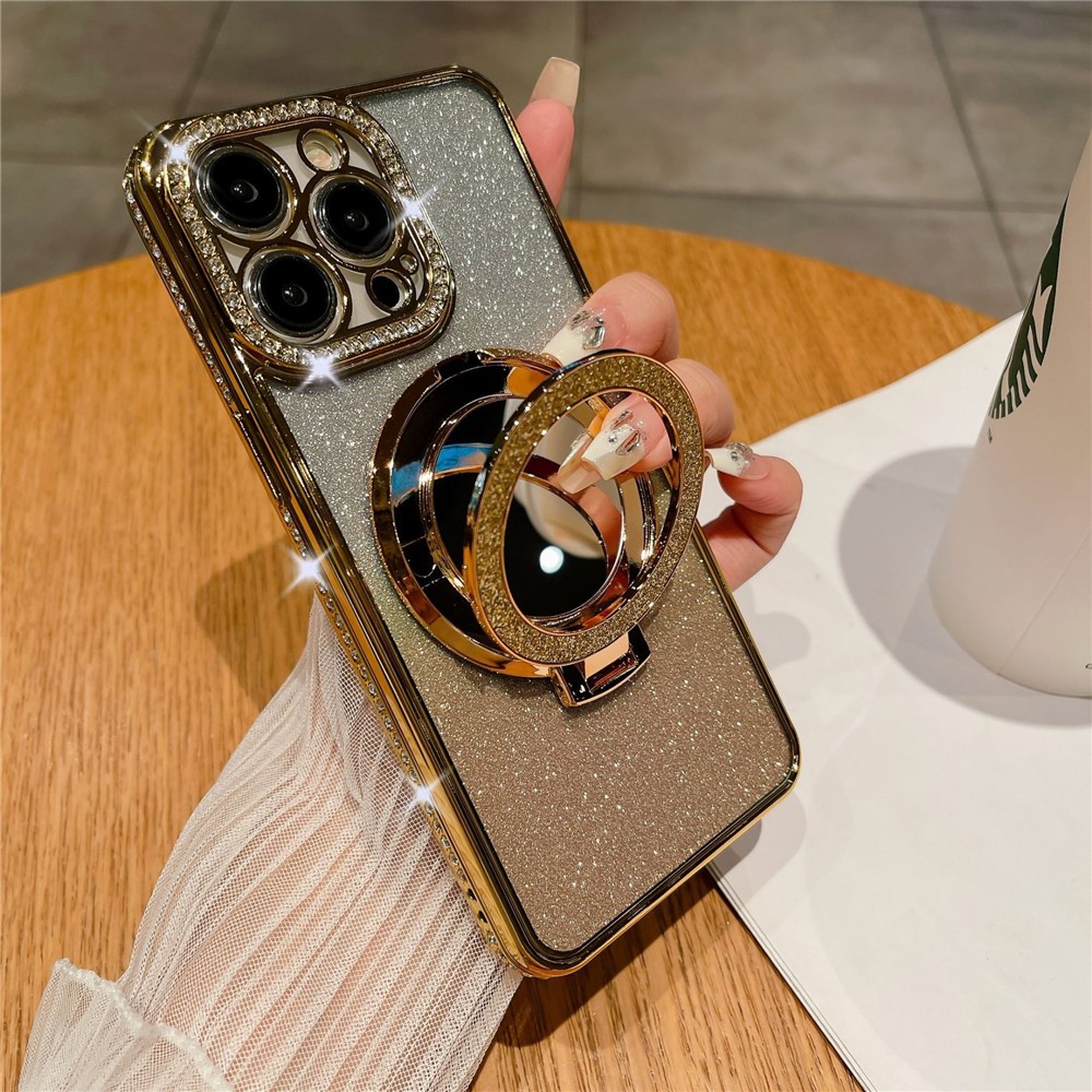 For iPhone 13 Pro Max Wholesale Phone Cases Acrylic Mirror Magnetic TPU Phone Cover with PC Kickstand - Gold