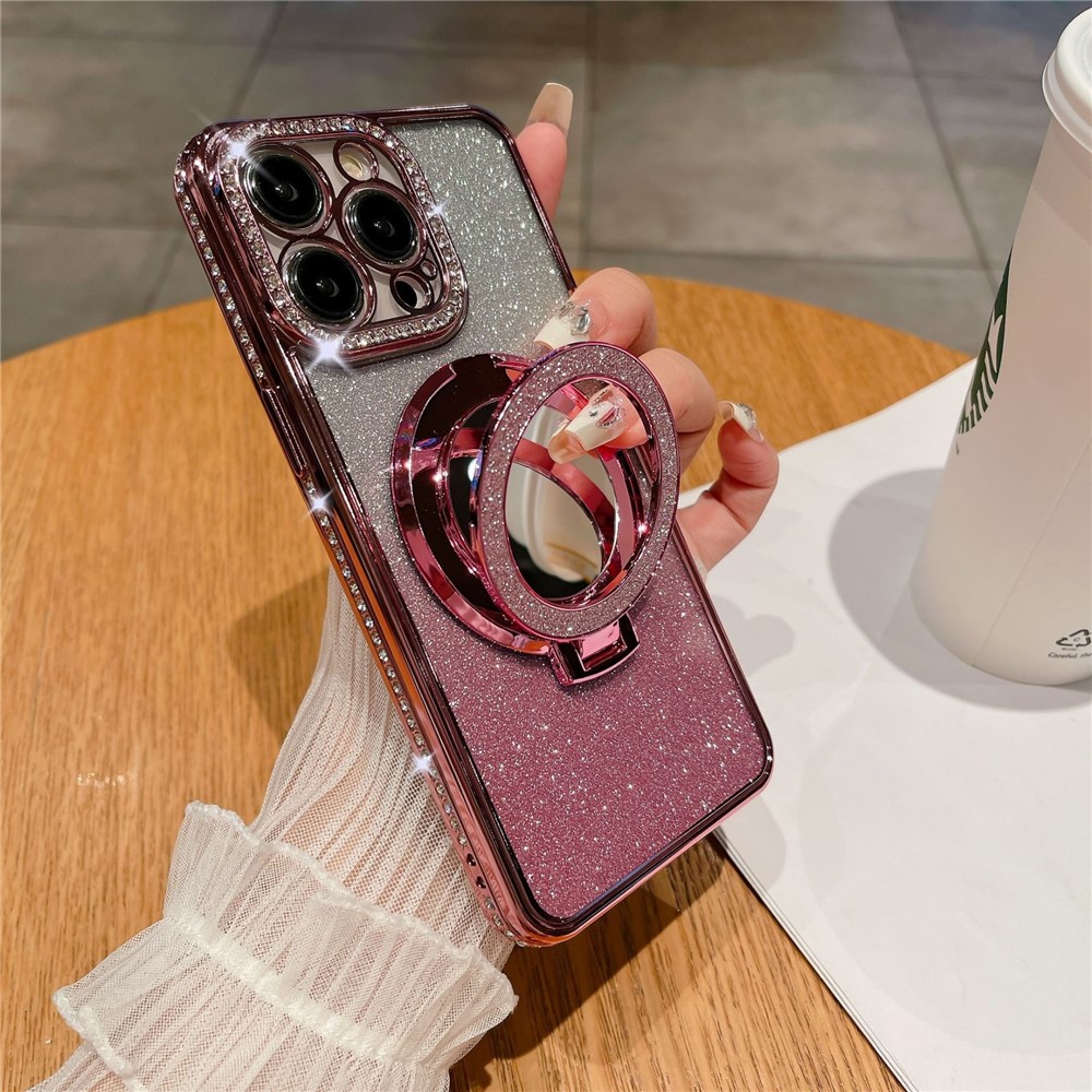 For iPhone 13 Pro Max Wholesale Phone Cases Acrylic Mirror Magnetic TPU Phone Cover with PC Kickstand - Rose Gold