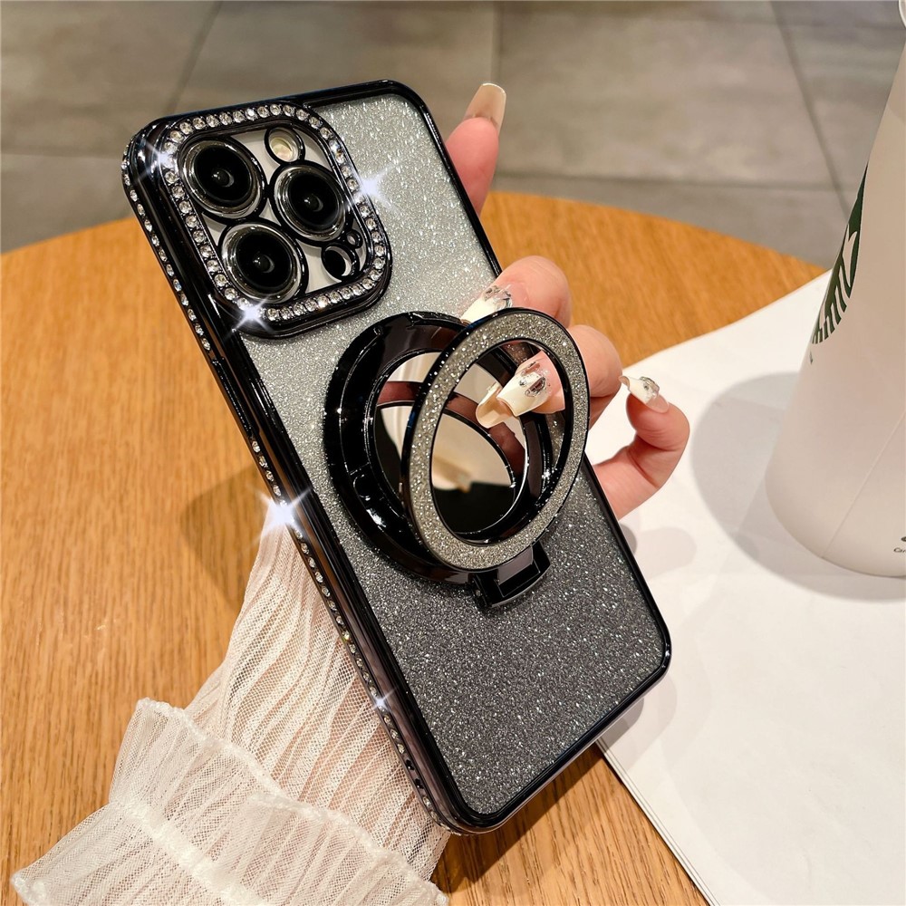 For iPhone 13 Pro 6.1 inch Cover PC Kickstand TPU Magnetic Phone Case with Acrylic Mirror - Black