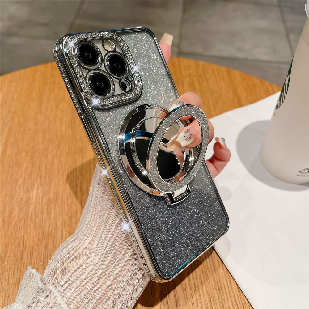 For iPhone 13 Pro 6.1 inch Cover PC Kickstand TPU Magnetic Phone Case with Acrylic Mirror - Silver