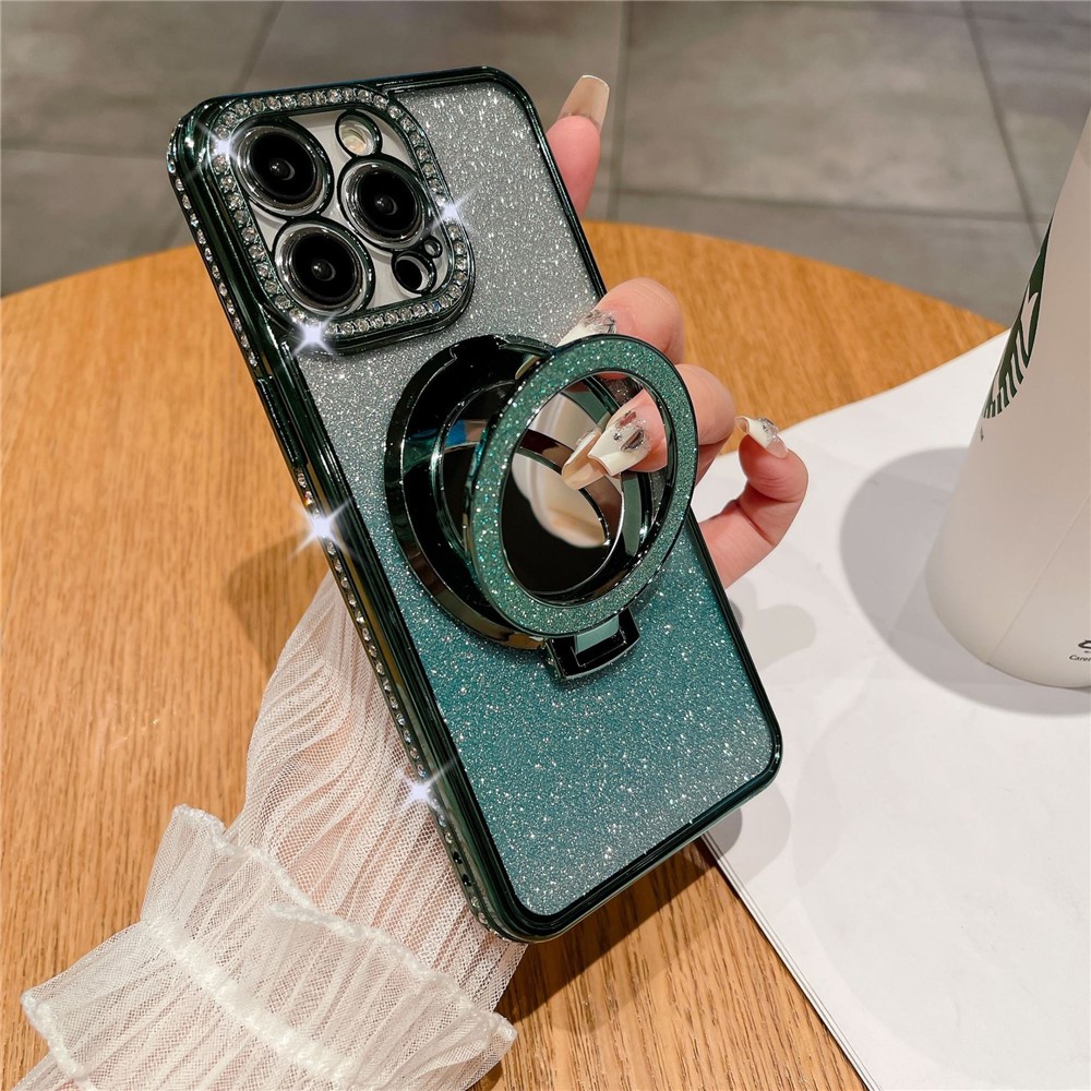 For iPhone 12 Pro Wholesale Phone Supplies Magnetic TPU Phone Case PC Kickstand Shell with Acrylic Mirror - Green