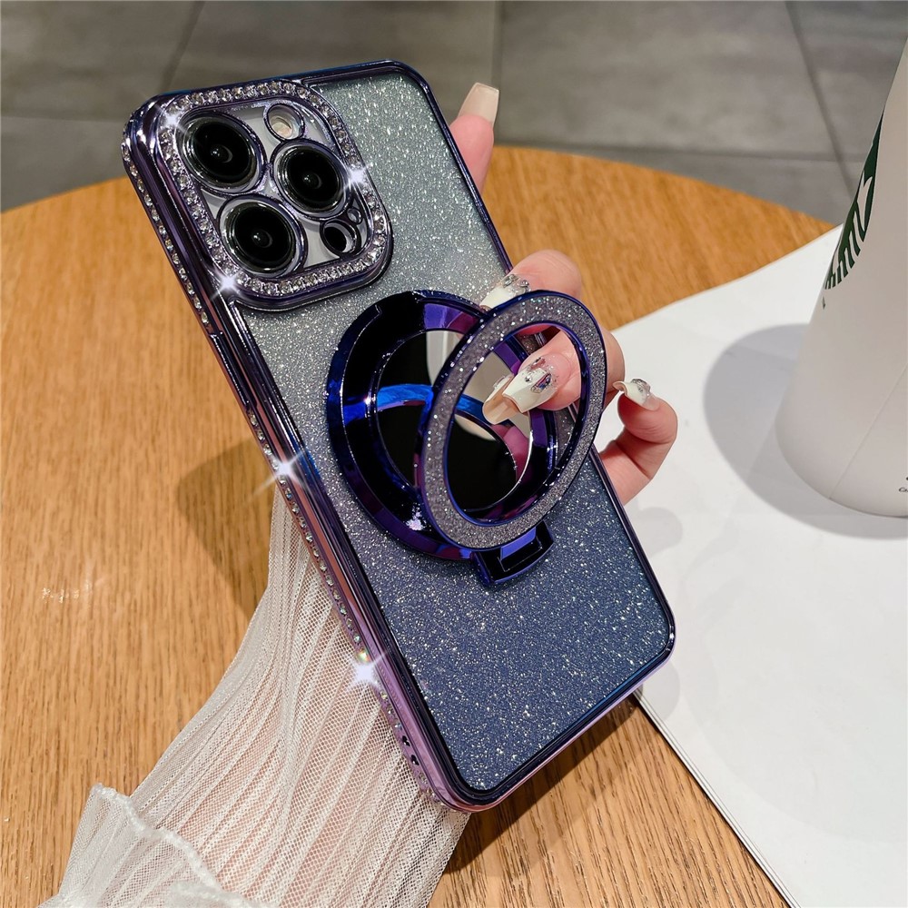 For iPhone 12 Pro Wholesale Phone Supplies Magnetic TPU Phone Case PC Kickstand Shell with Acrylic Mirror - Purple