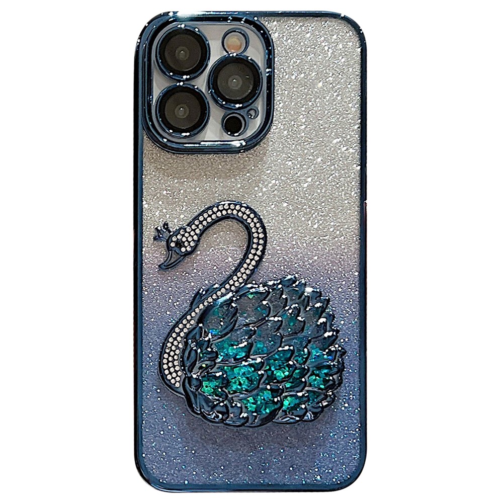 For iPhone 13 Pro Max 6.7 inch Case Quicksand Swan Glitter Phone Cover with Glass Lens Film - Blue