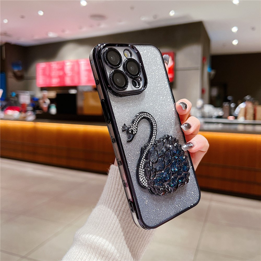 For iPhone 13 Pro Max 6.7 inch Case Quicksand Swan Glitter Phone Cover with Glass Lens Film - Black