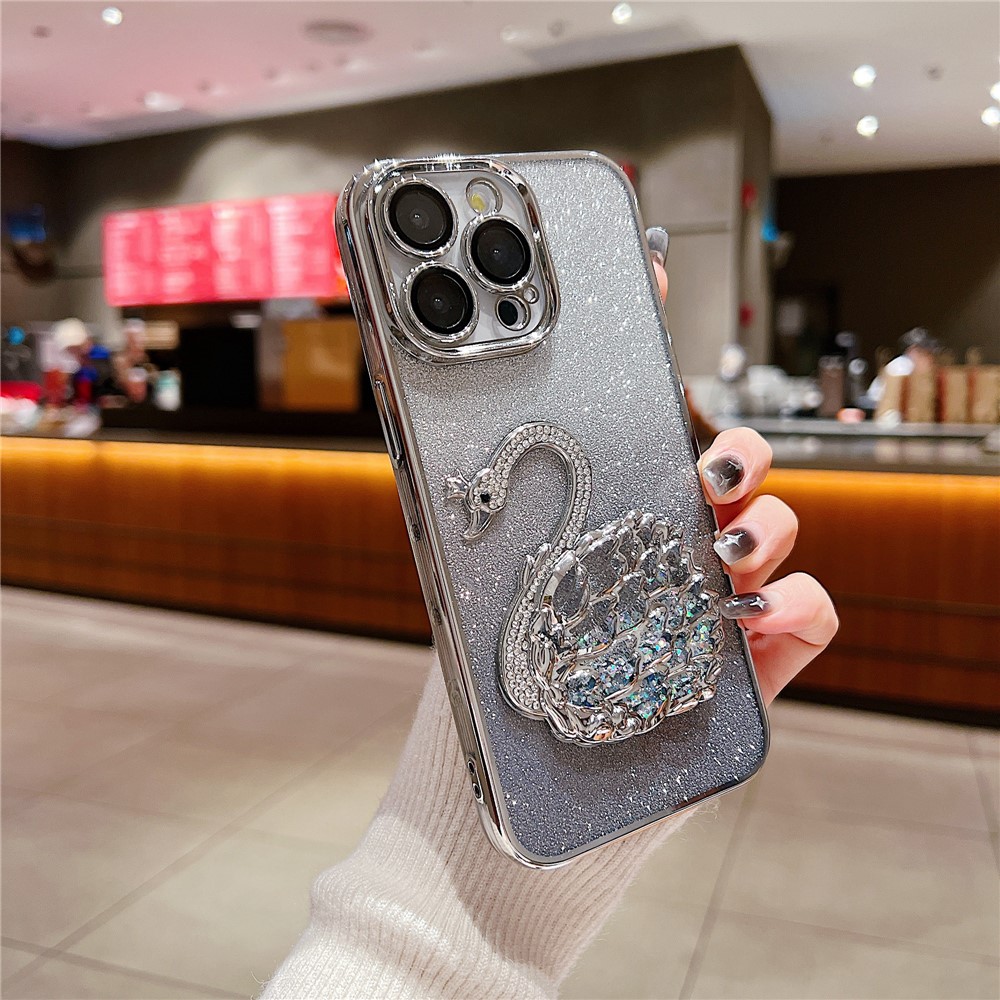 For iPhone 13 Pro Max 6.7 inch Case Quicksand Swan Glitter Phone Cover with Glass Lens Film - Silver