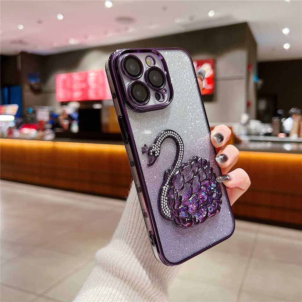 For iPhone 13 Pro Max 6.7 inch Case Quicksand Swan Glitter Phone Cover with Glass Lens Film - Purple