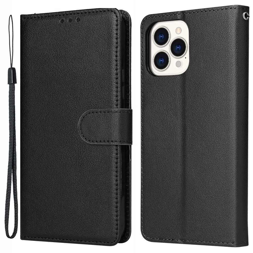 For iPhone 13 Pro Max 6.7 inch Case PU Leather Wallet Flip Phone Cover with Wrist Strap - Black