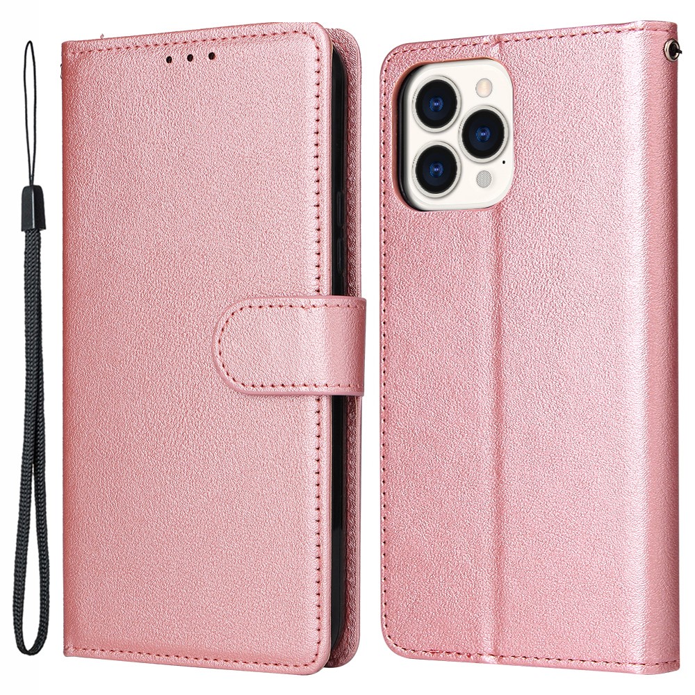 For iPhone 13 Pro Max 6.7 inch Case PU Leather Wallet Flip Phone Cover with Wrist Strap - Rose Gold