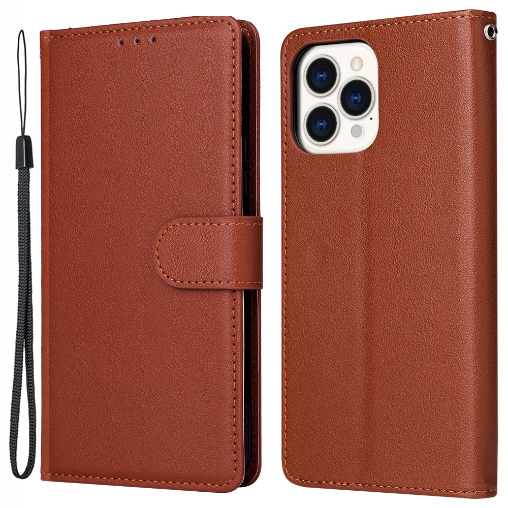 For iPhone 13 Pro Max 6.7 inch Case PU Leather Wallet Flip Phone Cover with Wrist Strap - Brown