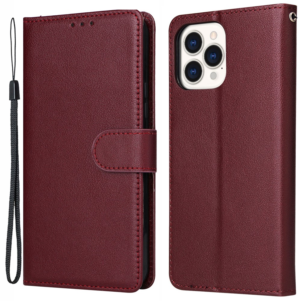 For iPhone 13 Pro Max 6.7 inch Case PU Leather Wallet Flip Phone Cover with Wrist Strap - Wine Red
