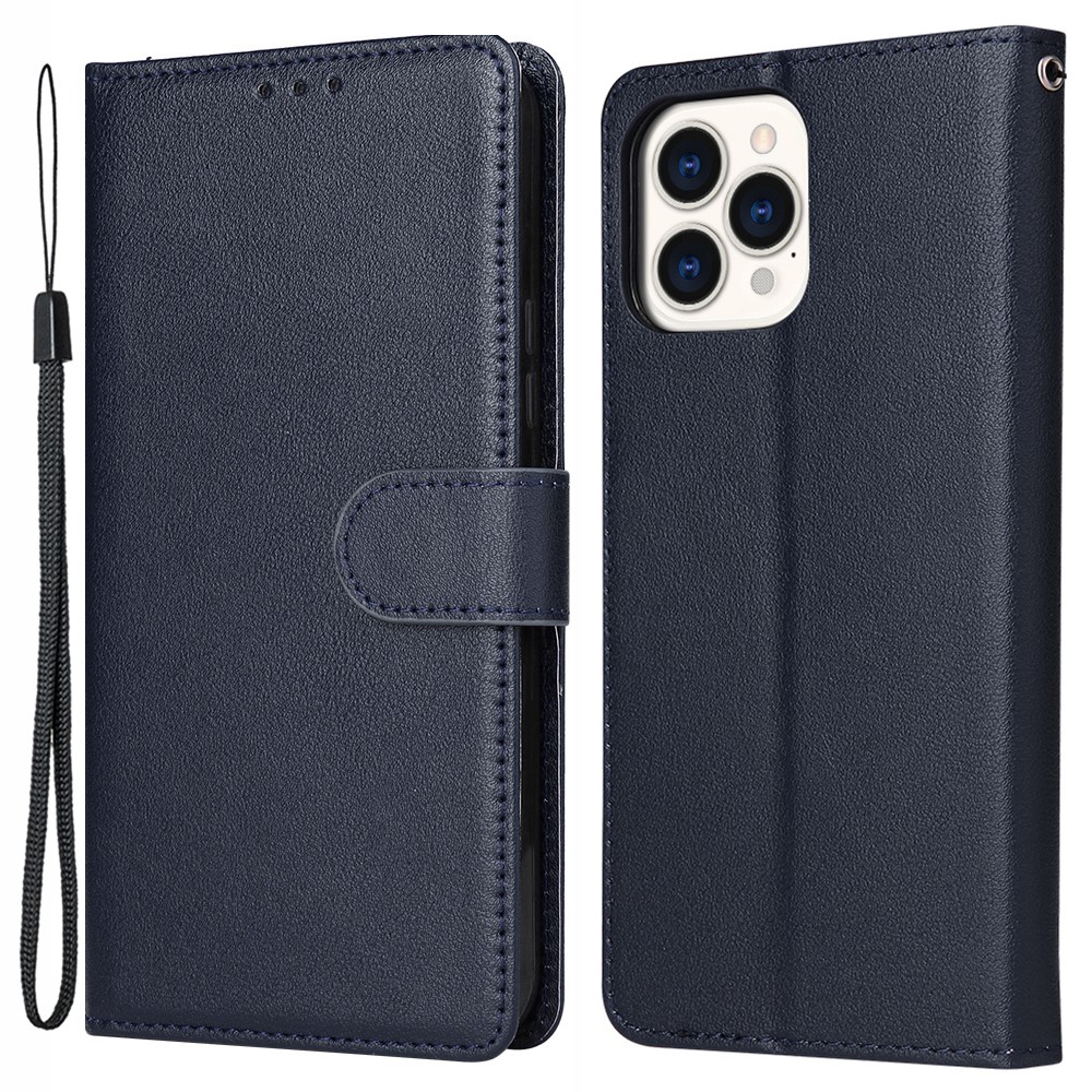 For iPhone 13 Pro Max 6.7 inch Case PU Leather Wallet Flip Phone Cover with Wrist Strap - Blue