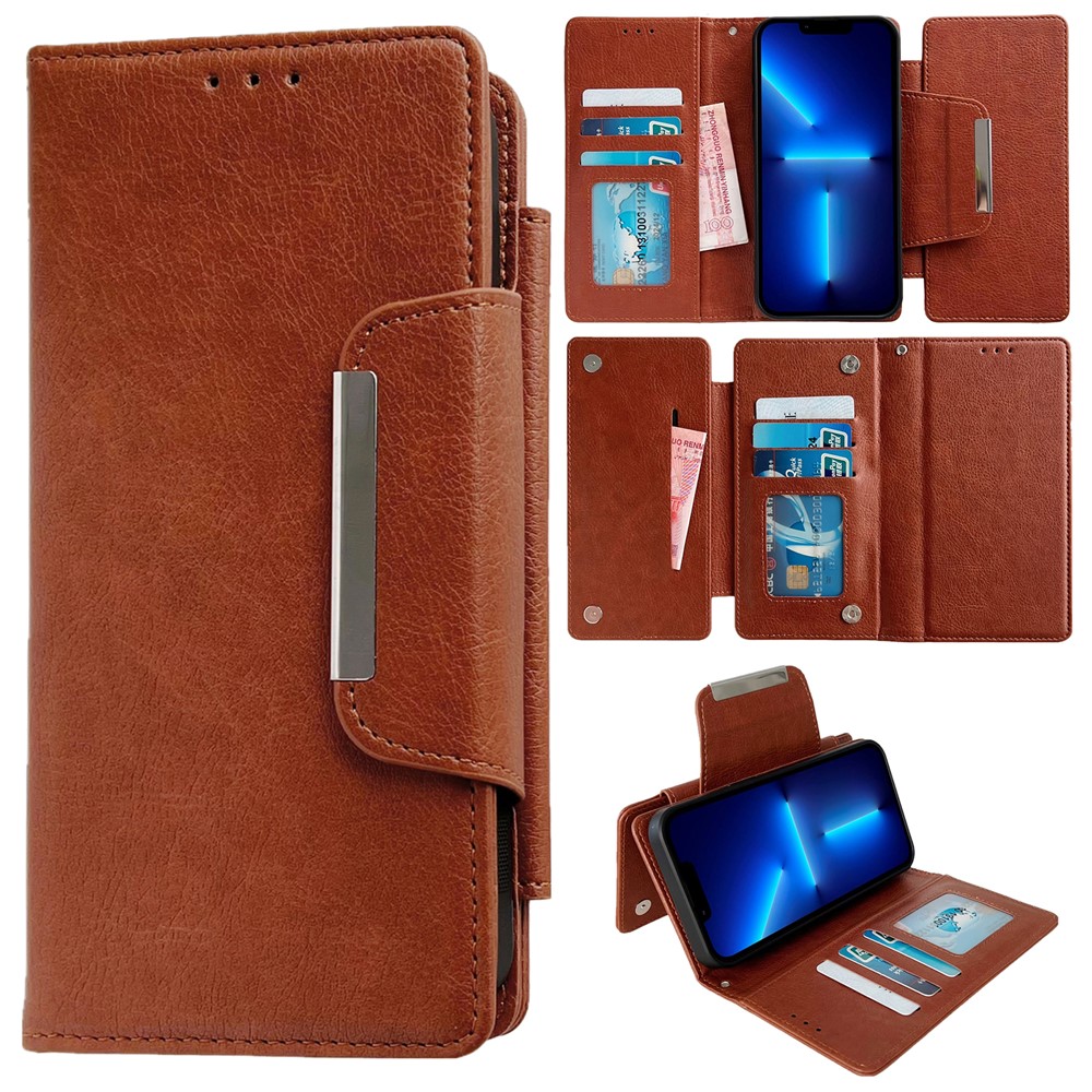 For iPhone 13 Pro Case Detachable 2-in-1 Leather Wallet Phone Cover - Brown