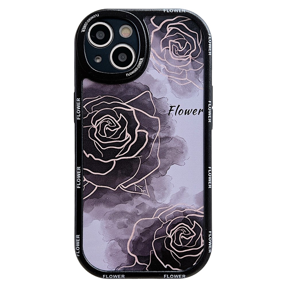For iPhone 14 Case Soft TPU Pattern Printed Round Edge Phone Cover - Black Rose