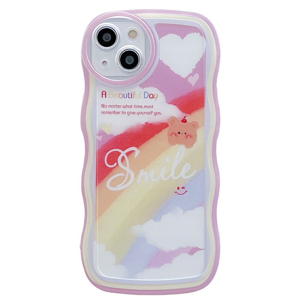 For iPhone 13 Case Wave Shape Edge Anti-Scratch Phone Protector - Rainbow and Bear