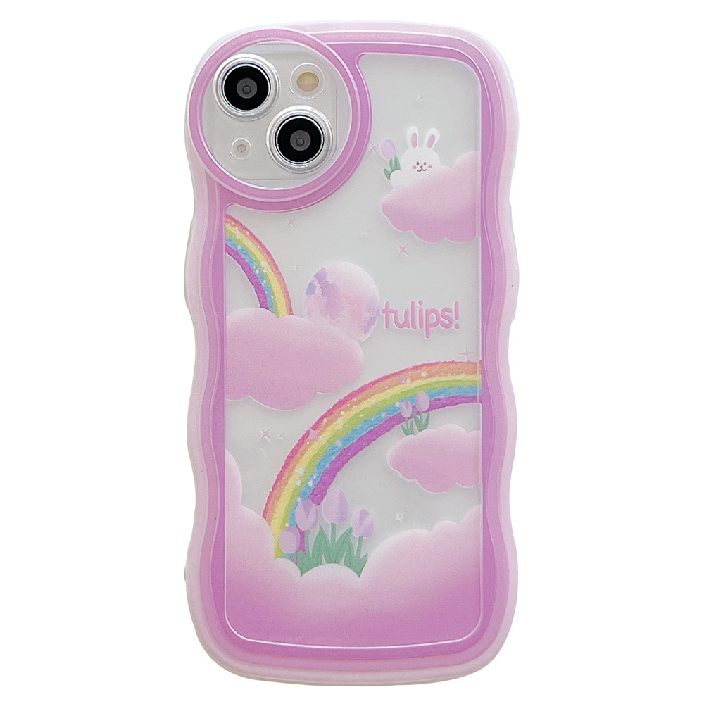 For iPhone 13 Case Wave Shape Edge Anti-Scratch Phone Protector - Rainbow and Rabbit