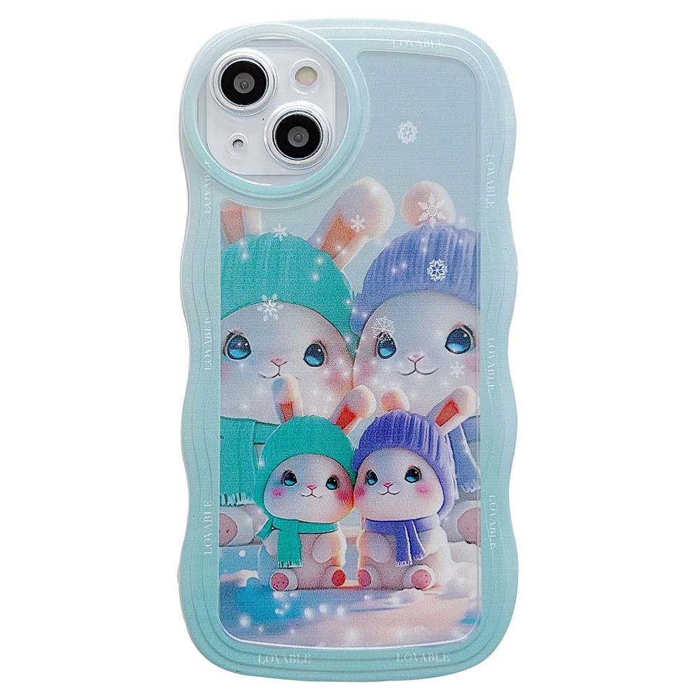 For iPhone 13 Case Wave Shape Edge Anti-Scratch Phone Protector - Green Rabbits