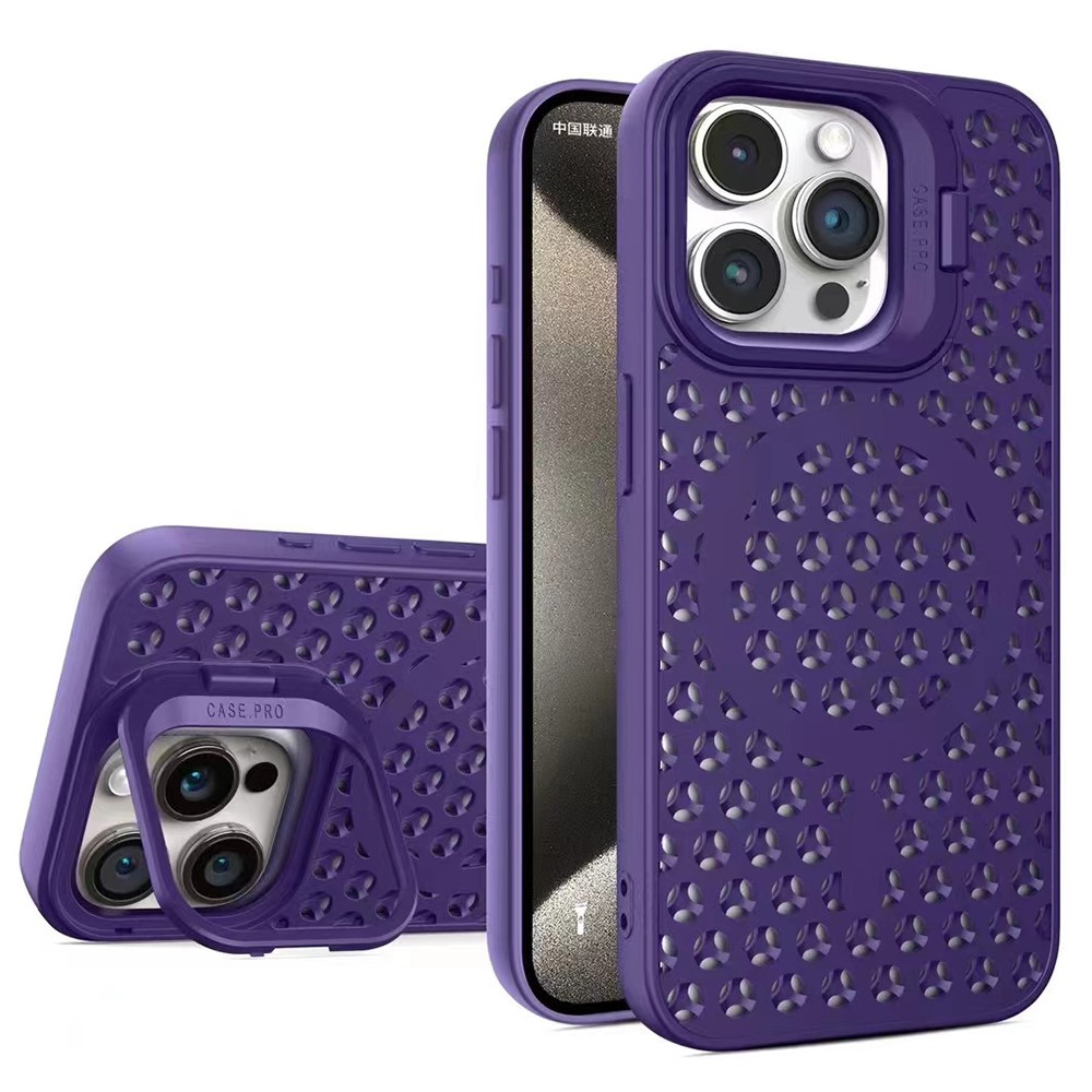 For iPhone 13 Pro 6.1 inch Magnetic Phone Case Breathable TPU+PC Cover with Foldable Lens Kickstand - Purple