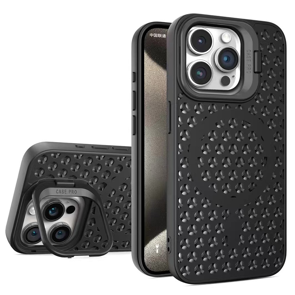 For iPhone 13 Pro 6.1 inch Magnetic Phone Case Breathable TPU+PC Cover with Foldable Lens Kickstand - Black