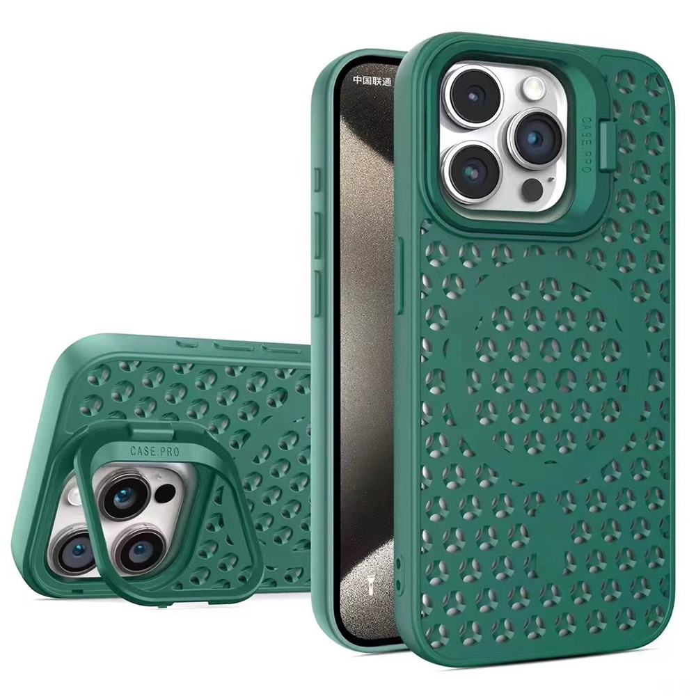 For iPhone 13 Pro 6.1 inch Magnetic Phone Case Breathable TPU+PC Cover with Foldable Lens Kickstand - Green
