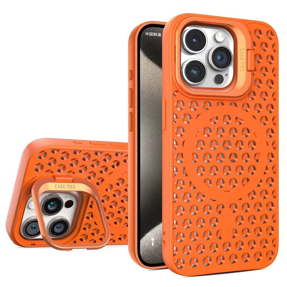 For iPhone 13 Pro 6.1 inch Magnetic Phone Case Breathable TPU+PC Cover with Foldable Lens Kickstand - Orange