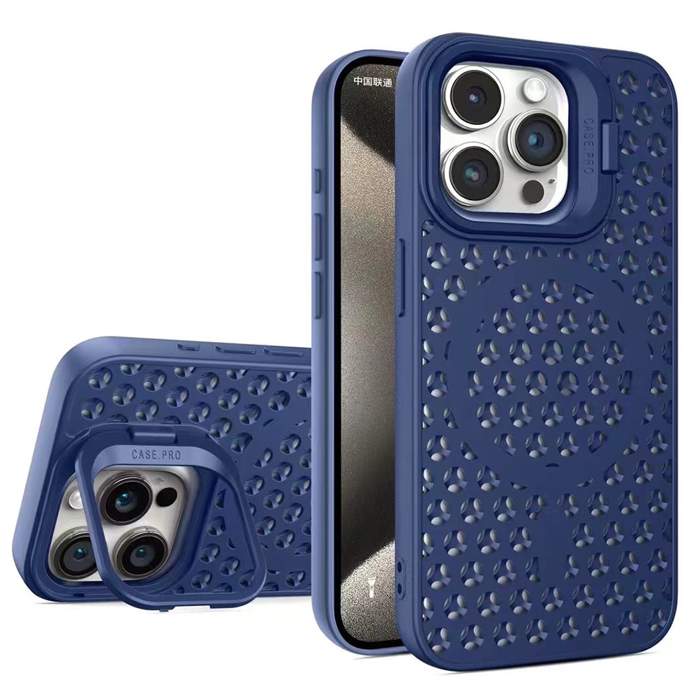 For iPhone 13 Pro Max Case Breathable Magnetic TPU+PC Phone Cover with Foldable Lens Kickstand - Blue
