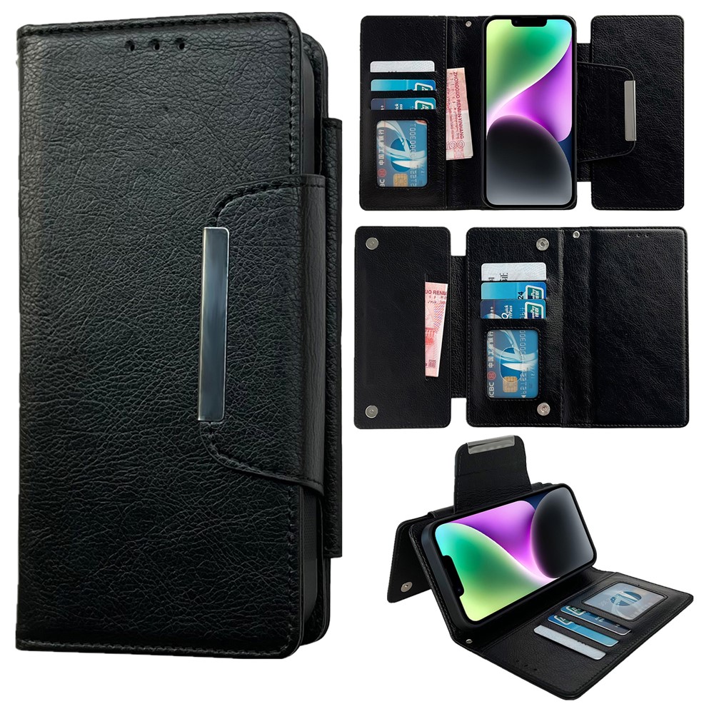 For iPhone 14 Wallet Case Detachable 2-in-1 Anti-Drop Leather Phone Cover - Black