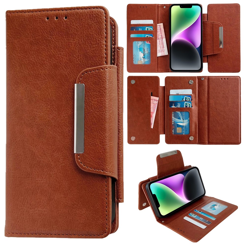 For iPhone 14 Wallet Case Detachable 2-in-1 Anti-Drop Leather Phone Cover - Brown