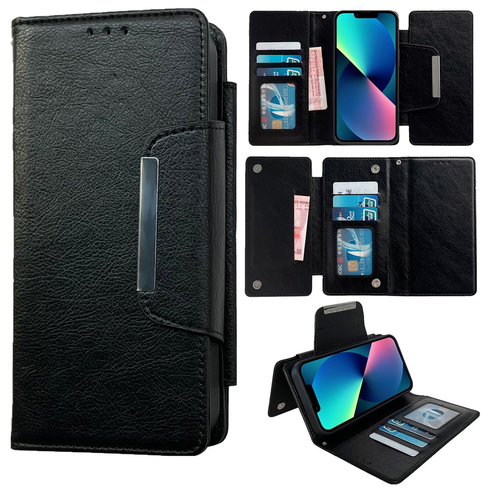 For iPhone 13 Wallet Case Detachable 2-in-1 Shockproof Leather Phone Cover - Black