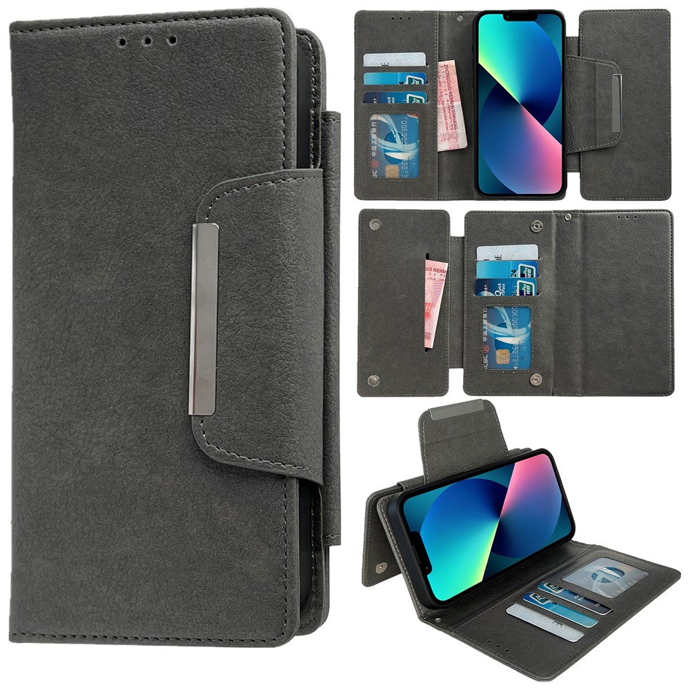For iPhone 13 Wallet Case Detachable 2-in-1 Shockproof Leather Phone Cover - Grey