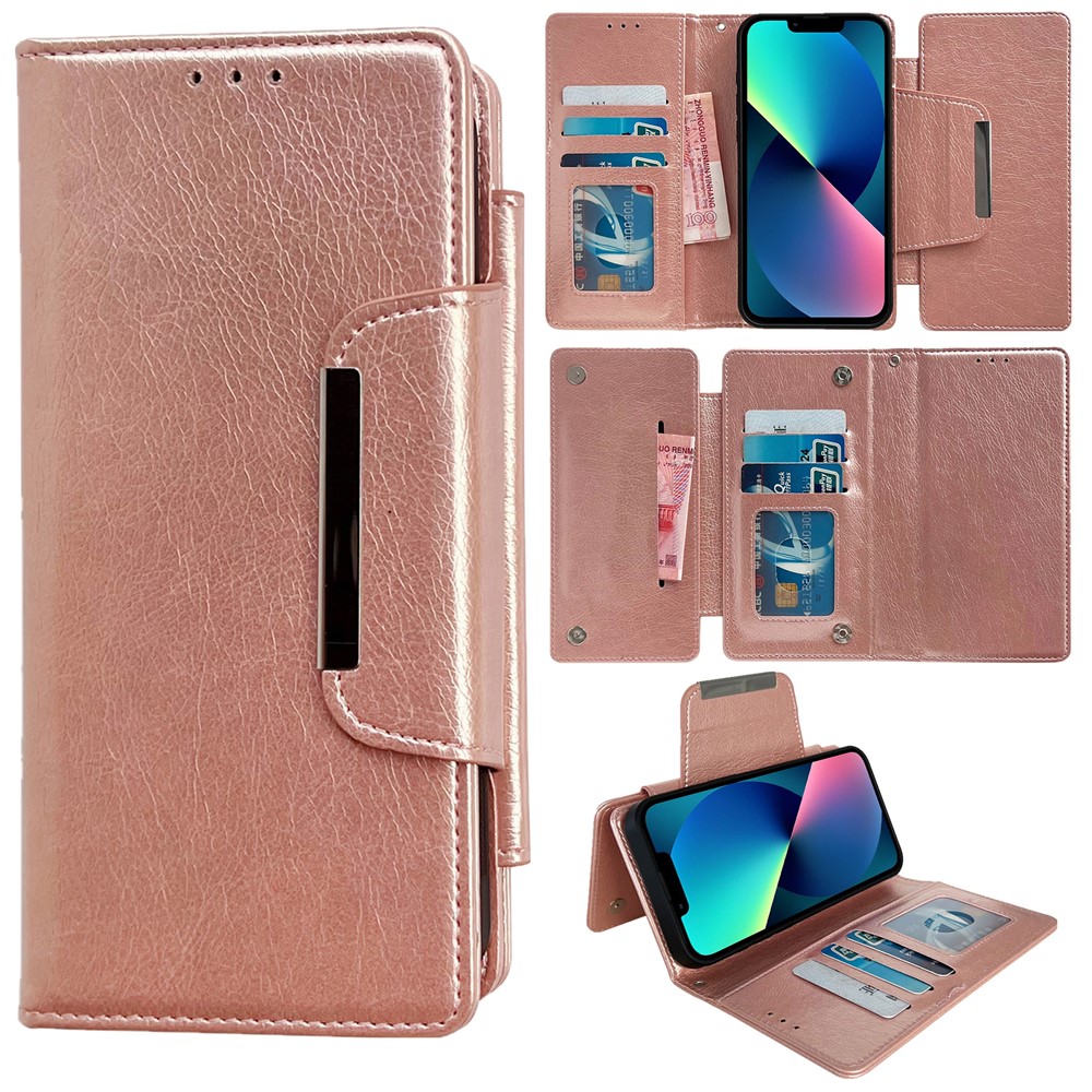 For iPhone 13 Wallet Case Detachable 2-in-1 Shockproof Leather Phone Cover - Rose Gold