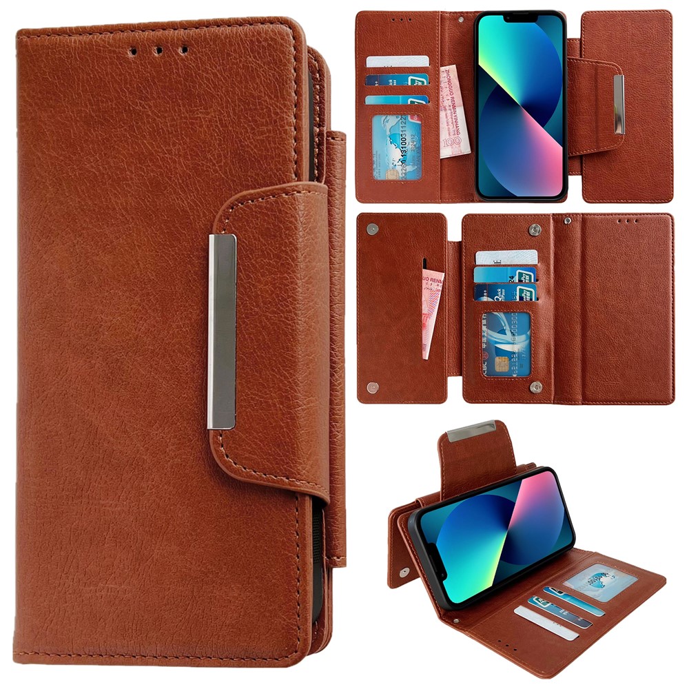 For iPhone 13 Wallet Case Detachable 2-in-1 Shockproof Leather Phone Cover - Brown