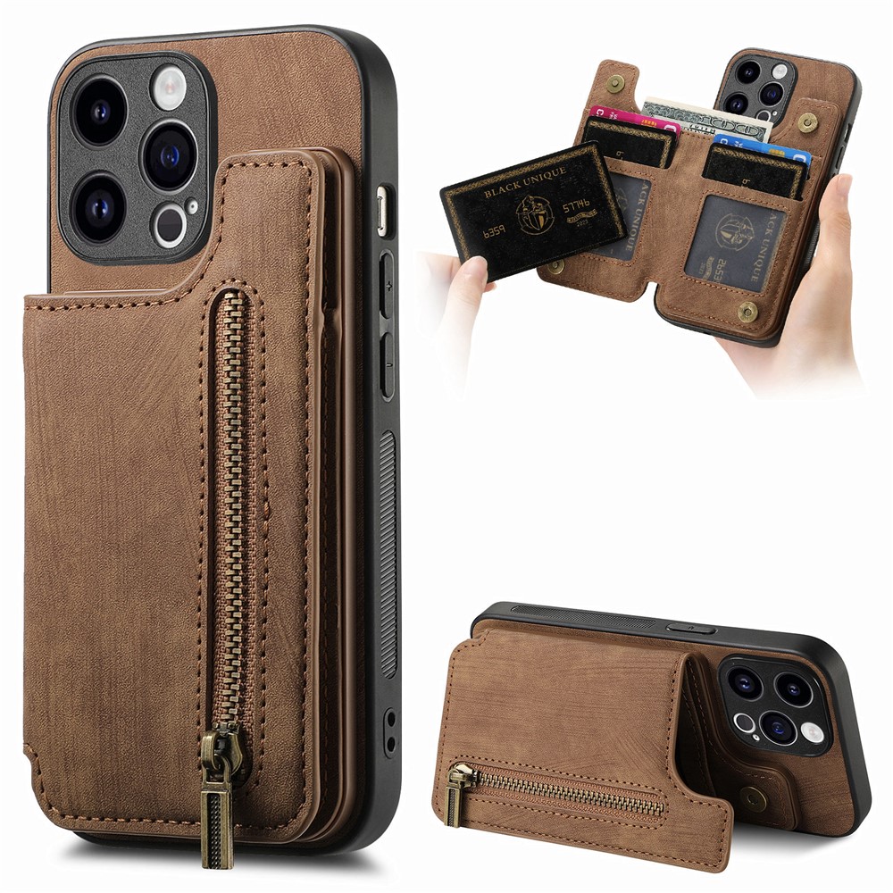 D15 For iPhone 13 Pro 6.1 inch Case Zipper Pocket Kickstand PU Leather+TPU Anti-drop Phone Cover - Brown