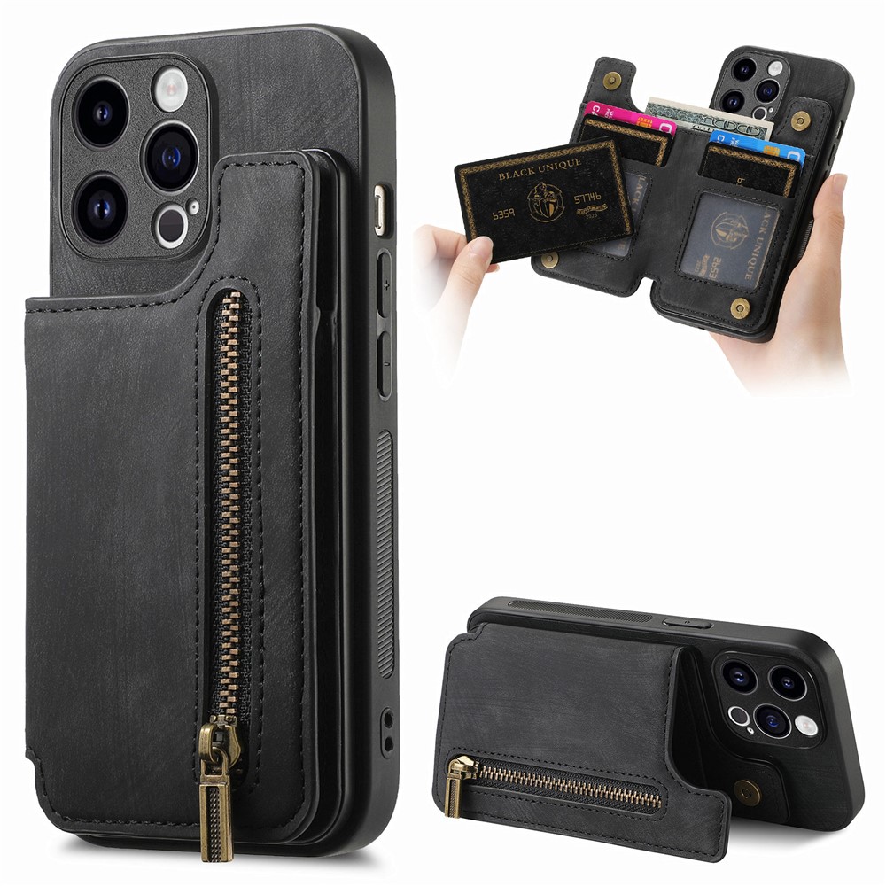 D15 For iPhone 13 Pro 6.1 inch Case Zipper Pocket Kickstand PU Leather+TPU Anti-drop Phone Cover - Black