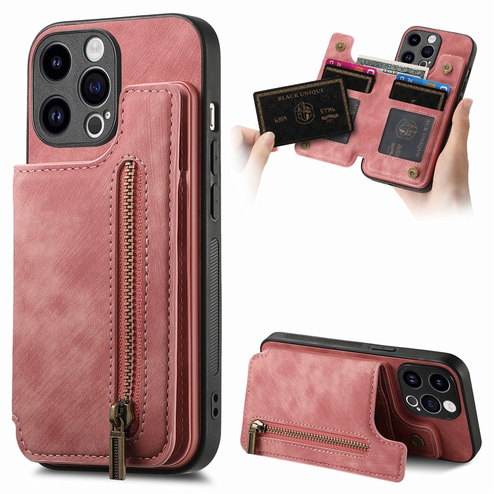 D15 For iPhone 13 Pro Max 6.7 inch Case Zipper Wallet Card Slots Leather+TPU Anti-shock Phone Cover - Pink