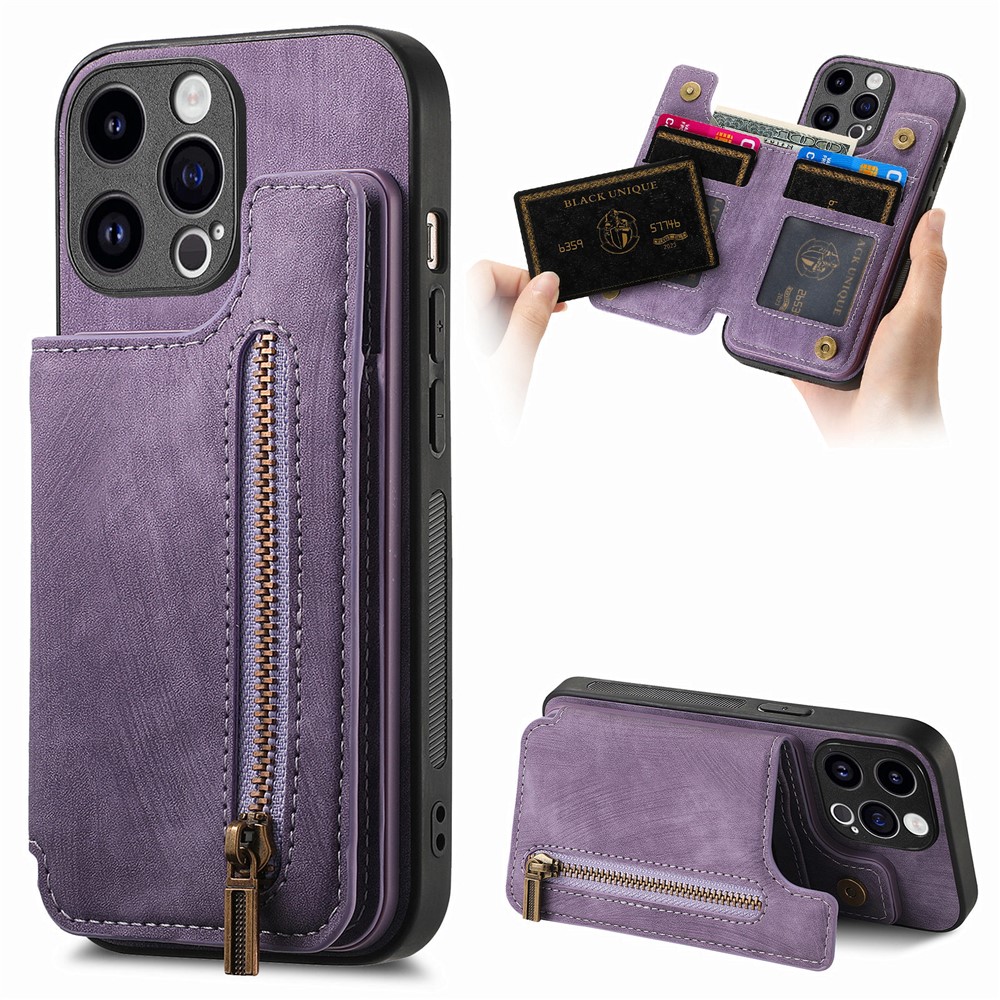 D15 For iPhone 13 Pro Max 6.7 inch Case Zipper Wallet Card Slots Leather+TPU Anti-shock Phone Cover - Purple