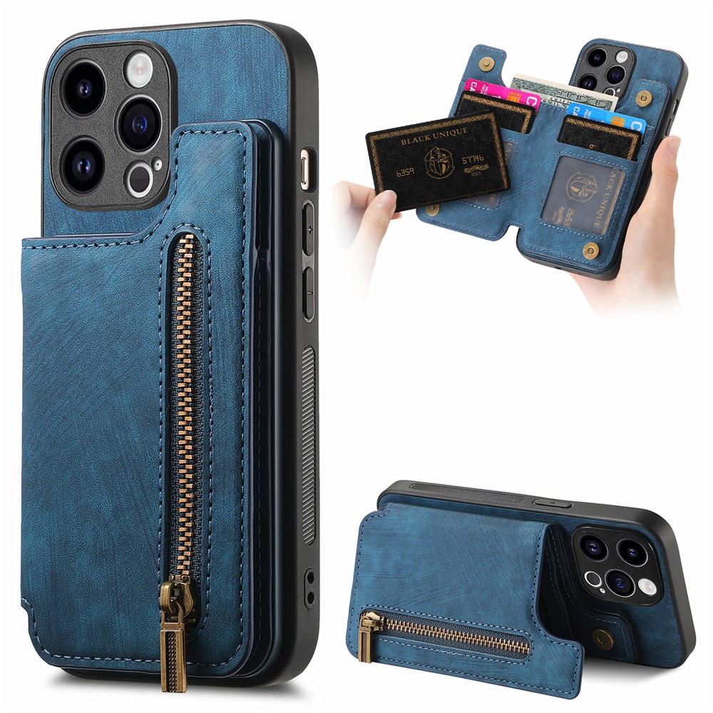 D15 For iPhone 13 Pro Max 6.7 inch Case Zipper Wallet Card Slots Leather+TPU Anti-shock Phone Cover - Blue