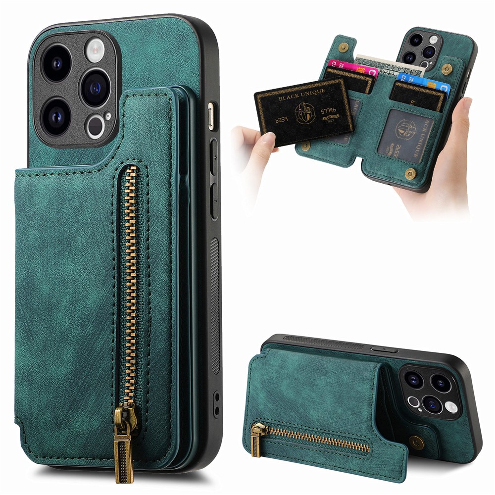 D15 For iPhone 13 Pro Max 6.7 inch Case Zipper Wallet Card Slots Leather+TPU Anti-shock Phone Cover - Green