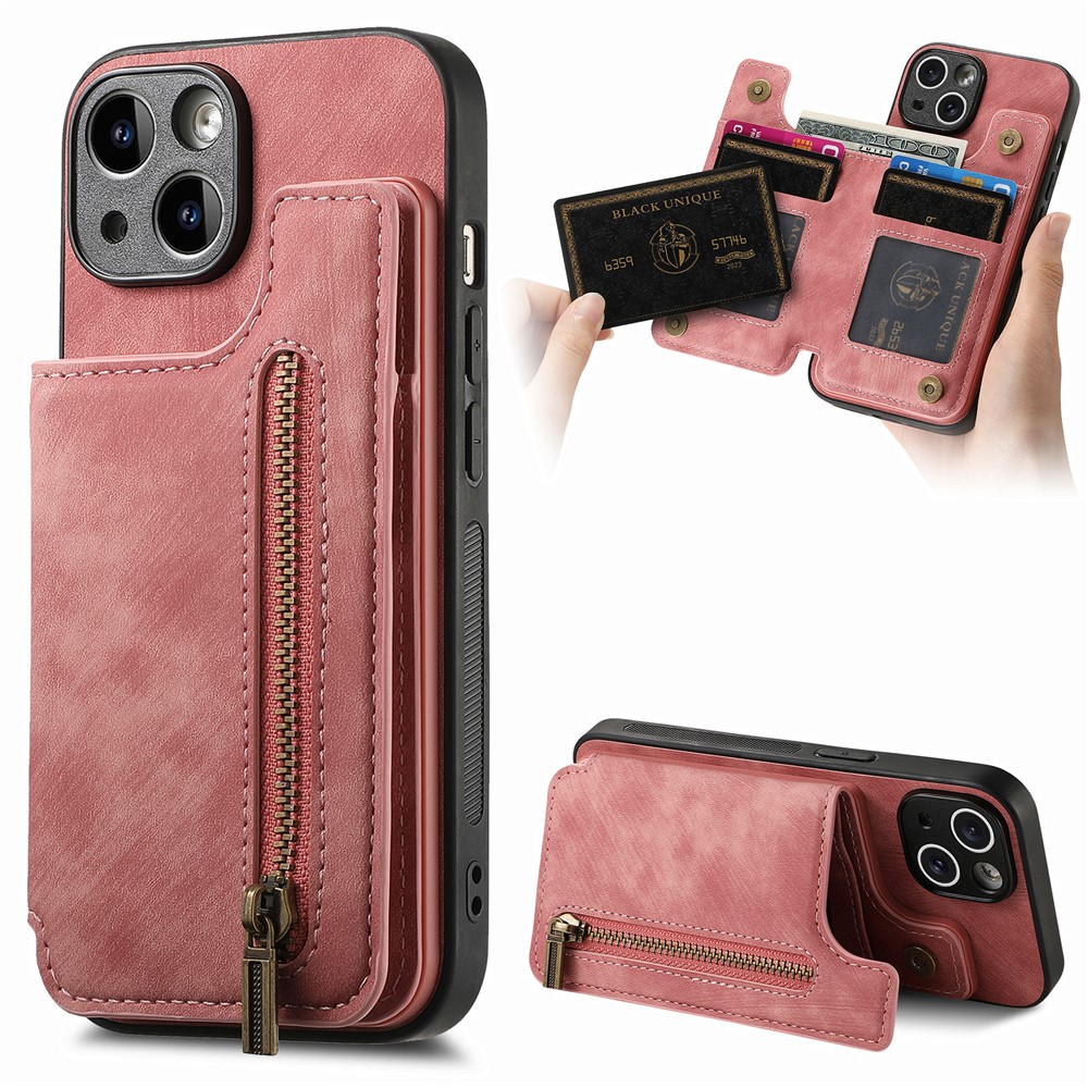 D15 For iPhone 14 Case Retro PU Leather+TPU Anti-drop Phone Cover with Zipper Wallet Kickstand - Pink