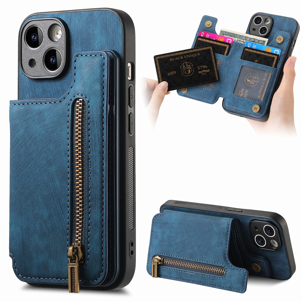 D15 For iPhone 14 Case Retro PU Leather+TPU Anti-drop Phone Cover with Zipper Wallet Kickstand - Blue