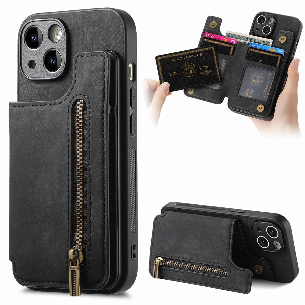 D15 For iPhone 14 Case Retro PU Leather+TPU Anti-drop Phone Cover with Zipper Wallet Kickstand - Black