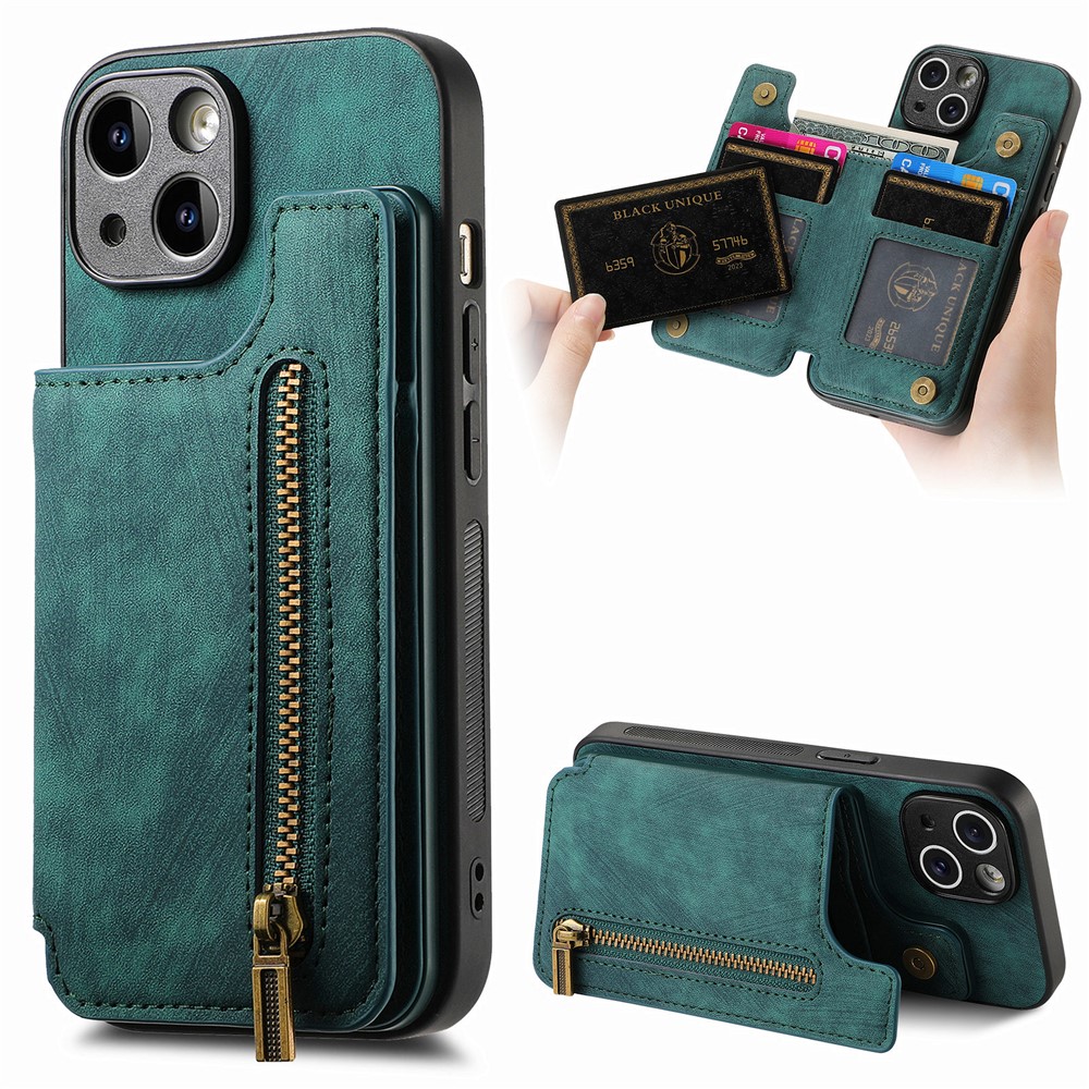 D15 For iPhone 13 Kickstand Cover PU+TPU Phone Protective Case Retro Wallet - Green