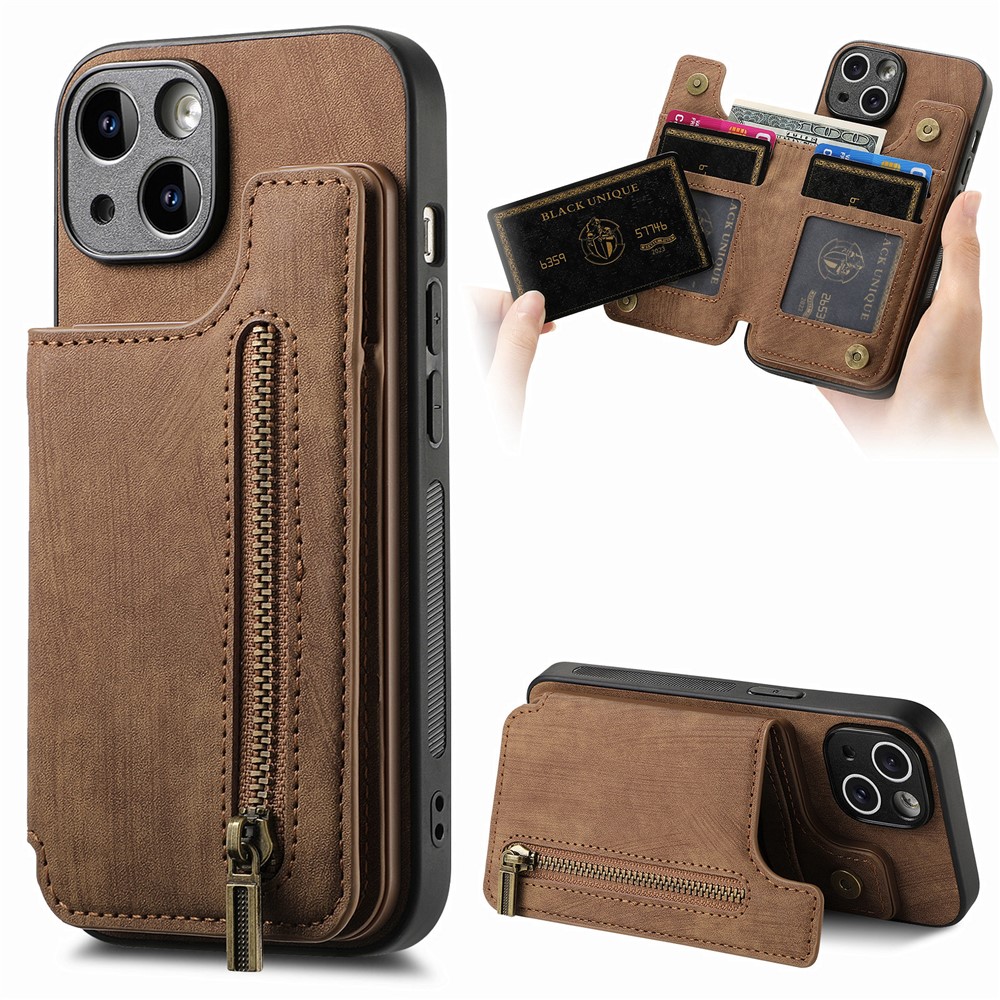 D15 For iPhone 15 Plus Case PU+TPU Phone Protective Shell Retro Kickstand Wallet Cover - Brown