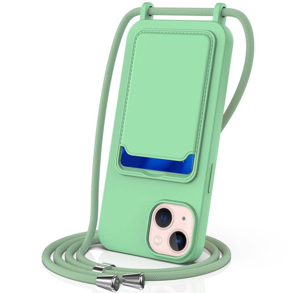 Case for iPhone 15 Plus Shell Liquid Silicone Card Holder Phone Cover with Long Lanyard - Green