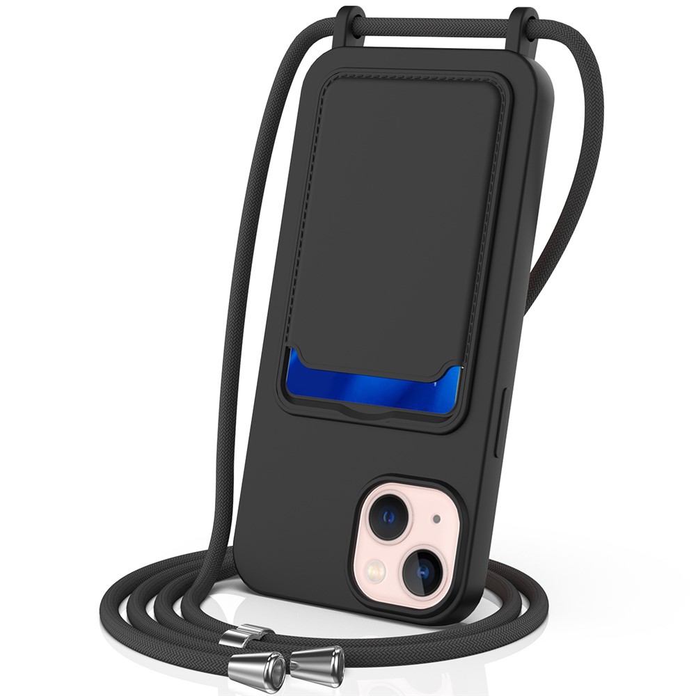 Case for iPhone 15 Plus Shell Liquid Silicone Card Holder Phone Cover with Long Lanyard - Black