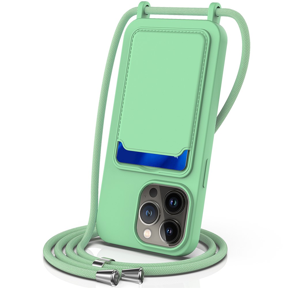 For iPhone 13 Pro Max Liquid Silicone Case Card Holder Phone Cover with Shoulder Strap - Green